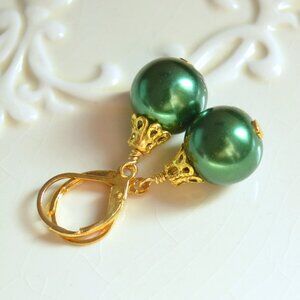 Green Christmas Ornament Earrings in Gold - Hand Made in Canada
